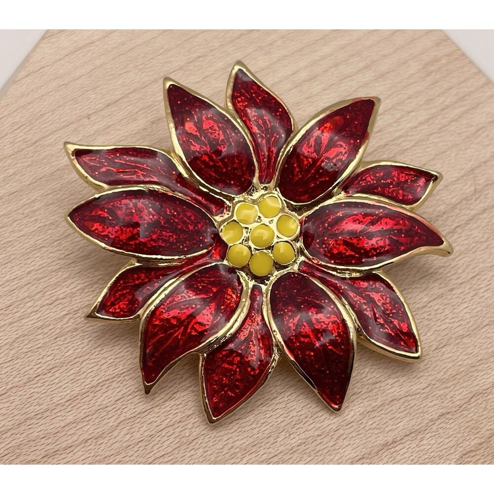 Vtg Red Enamel Christmas Poinsettia Brooch Pin Gold Tone Rhinstone Signed SFJ